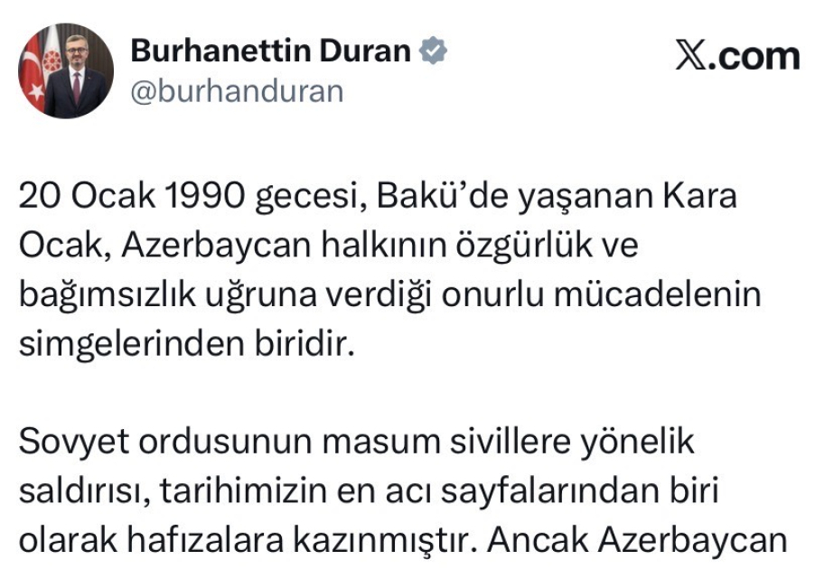 Burhanettin Duran: 20 Yanvar Azərbaycan xalqının istiqlal iradəsinin təzahürüdür