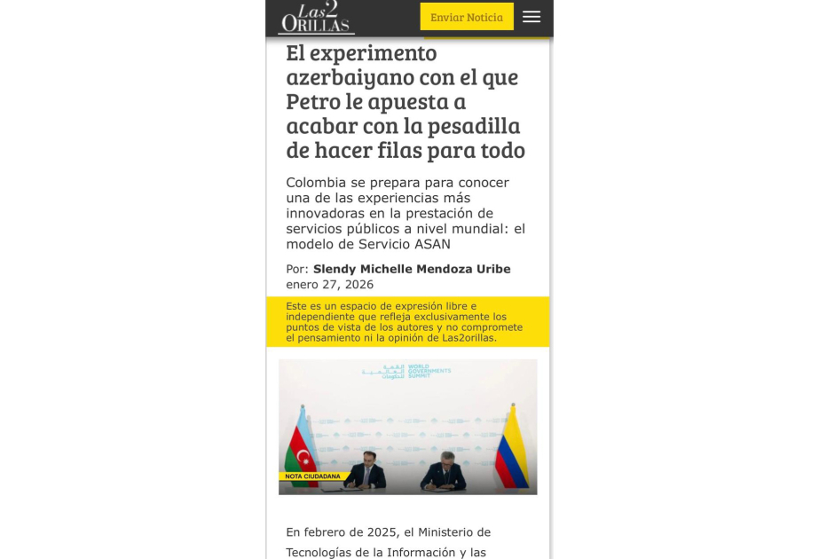 La prensa colombiana destaca el modelo de servicios públicos ASAN de Azerbaiyán