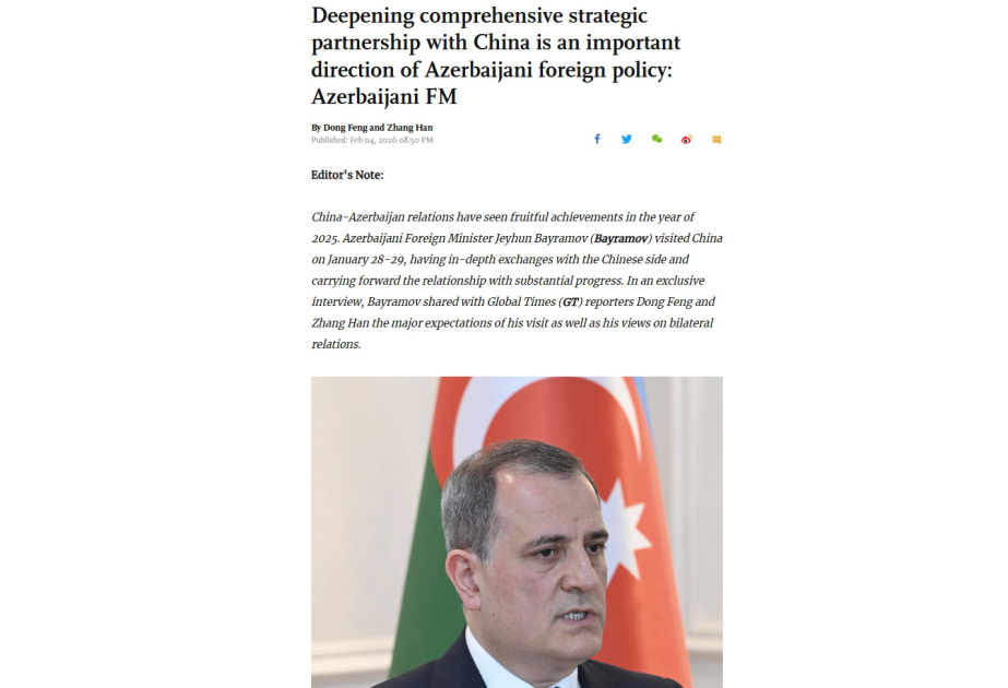 Ceyhun Bayramov: Çin ilə hərtərəfli strateji tərəfdaşlığın dərinləşdirilməsi xarici siyasətimizin ən vacib istiqamətlərindən biridir