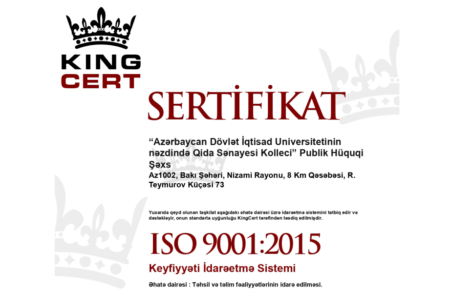 UNEC nəzdində Qida Sənayesi Kolleci beynəlxalq keyfiyyət standartları üzrə sertifikatlar əldə edib