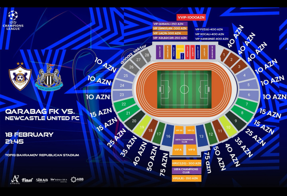 Les prix des billets pour le match Qarabag- Newcastle annoncés