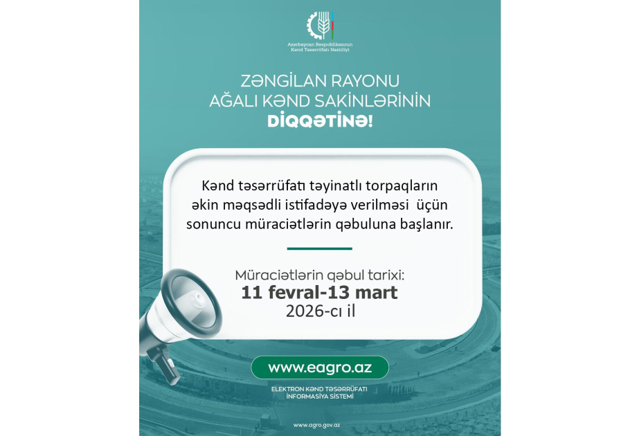 Ağalı kəndində torpaqların əkin məqsədli istifadəyə verilməsi üçün sonuncu müraciətlərin qəbuluna başlanır