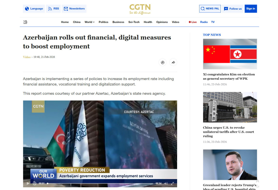 Une chaîne de télévision chinoise diffuse un reportage de l’AZERTAC sur l’augmentation de l’emploi en Azerbaïdjan