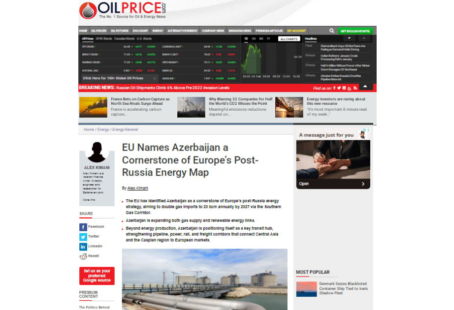 EU names Azerbaijan a cornerstone of Europe’s post-Russia energy map