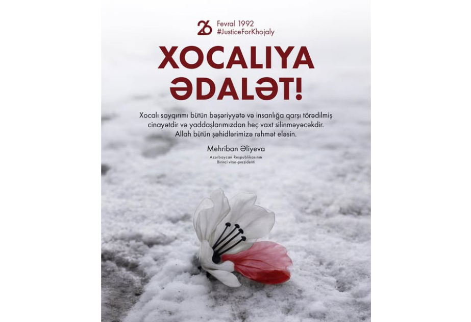 La première vice-présidente azerbaïdjanaise partage une publication concernant l’anniversaire du génocide de Khodjaly