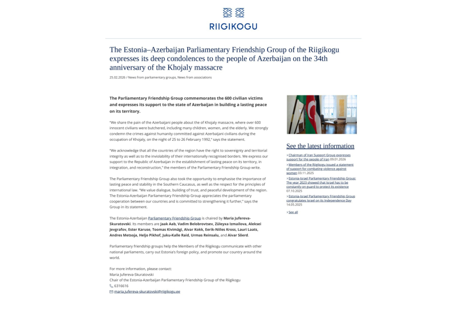 Estonian parliamentarians issue statement condemning crime against humanity in Khojaly