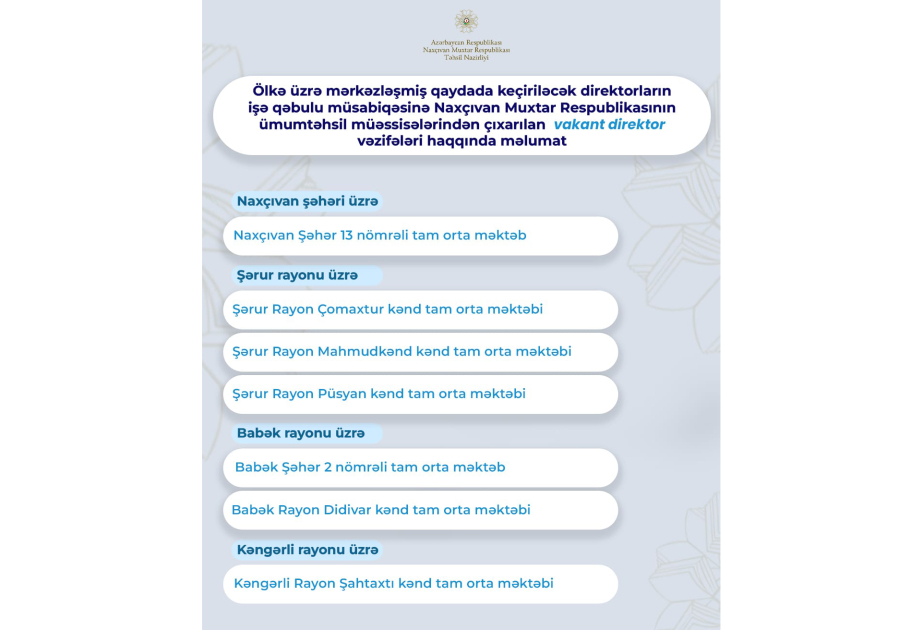 Naxçıvanda orta məktəblər üzrə işə qəbul prosesinə 7 vakant direktor vəzifəsi çıxarılıb