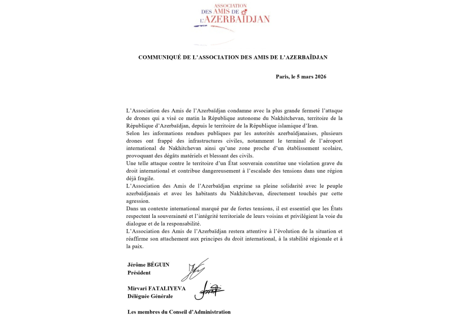 L’Association des Amis de l’Azerbaïdjan exprime sa pleine solidarité avec le peuple azerbaïdjanais