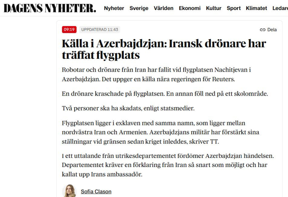 İsveç və Norveç mediası İran PUA-larının Azərbaycan ərazisinə hücumları barədə yazıb