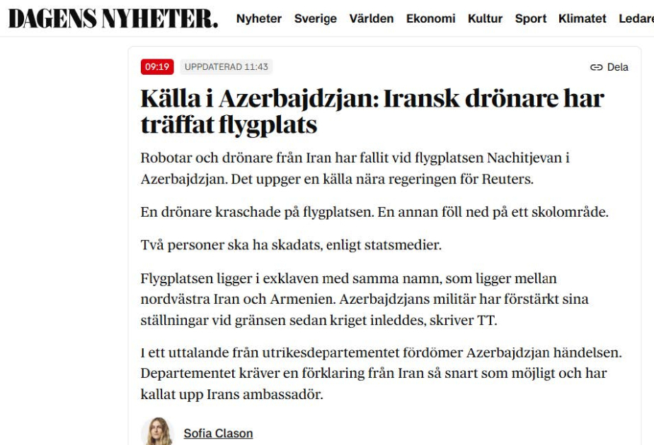Swedish and Norwegian media outlets highlight Iran`s drone attack on Azerbaijan