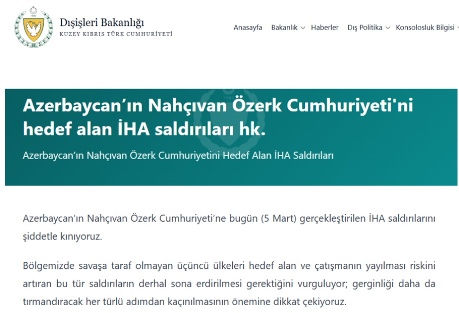 Northern Cyprus strongly condemns drone attack on Nakhchivan