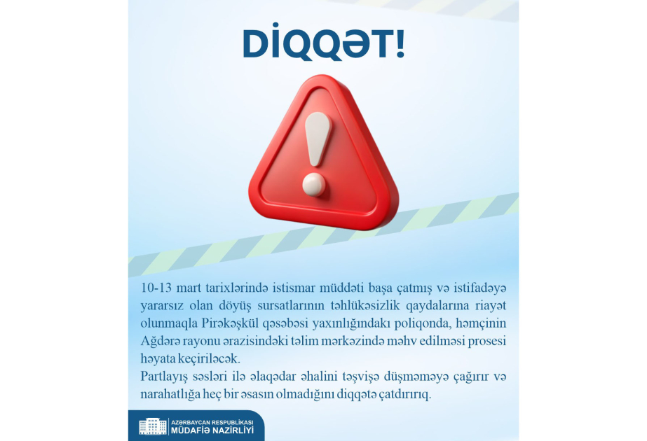 İstismar müddəti başa çatmış və istifadəyə yararsız olan döyüş sursatları məhv ediləcək