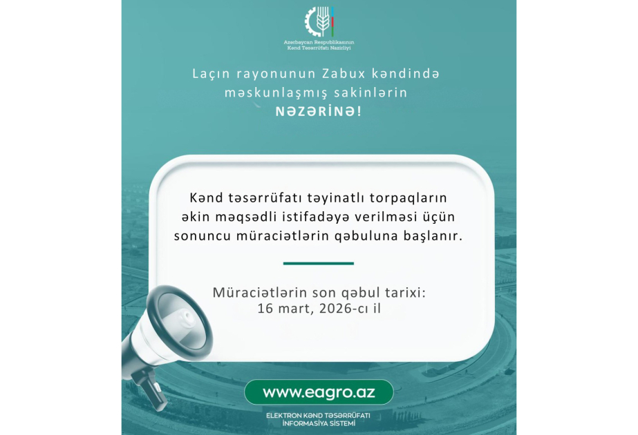 Zabuxda torpaqların əkin məqsədli istifadəyə verilməsi üçün müraciətlər martın 16-dək davam edəcək
