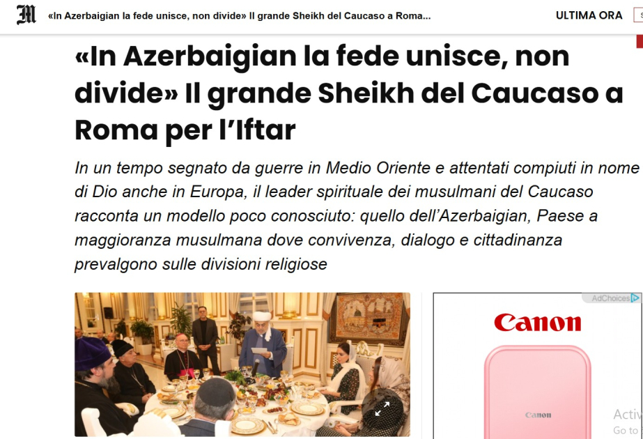 “İl Messaggero” qəzeti: Azərbaycanda dinlərarası harmoniya sülhün əsasını təşkil edir