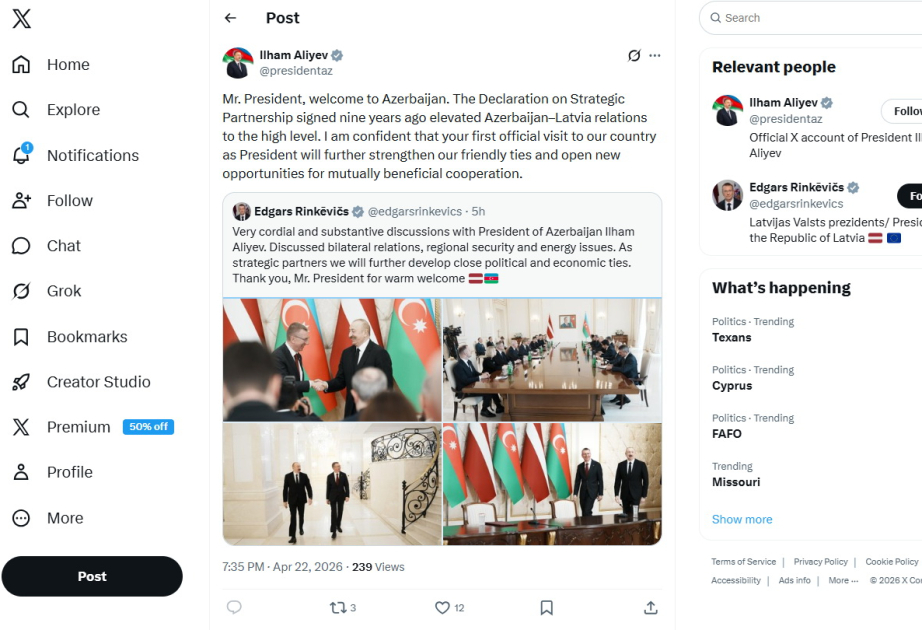 Prezident İlham Əliyev Latviya Prezidentinin ölkəmizə səfəri ilə bağlı paylaşım edib