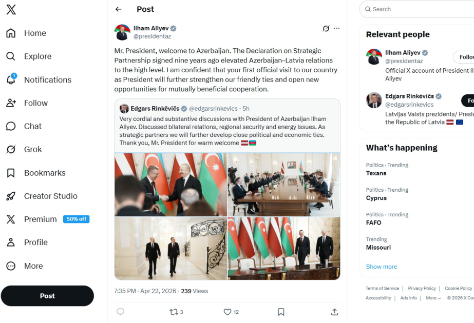 Aserbaidschans Präsident veröffentlicht Mitteilung zum Besuch des lettischen Staatschefs