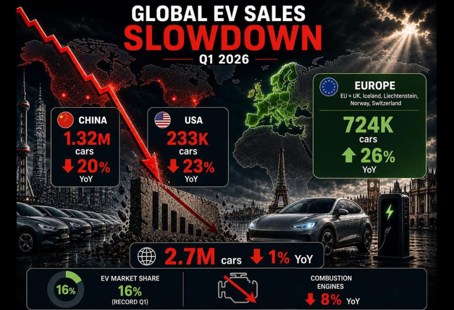 Elektromobillərin qlobal satışları 2026-cı ilin I rübündə azalıb
