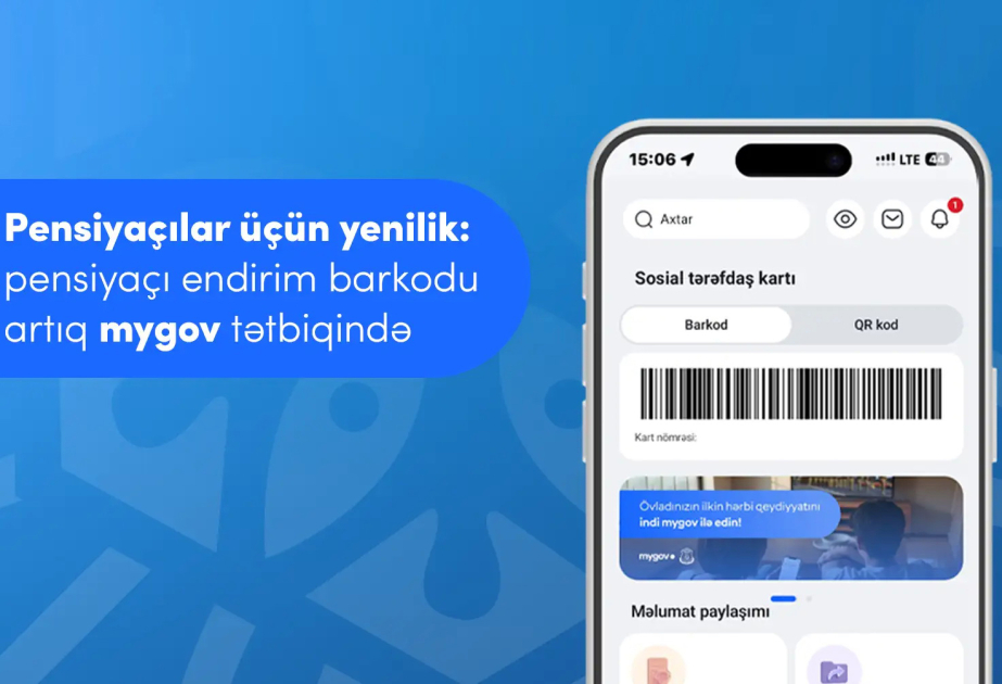 Pensiyaçılar üçün endirim barkodu artıq “mygov” mobil tətbiqindədir