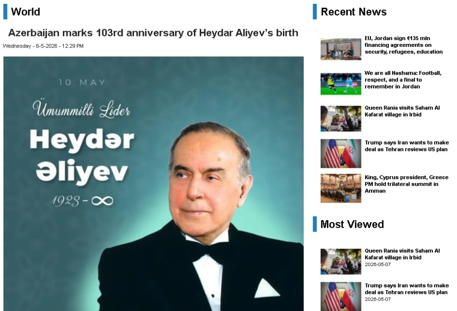 İordaniya mətbuatı Heydər Əliyevin anadan olmasının 103-cü ildönümü barədə yazır