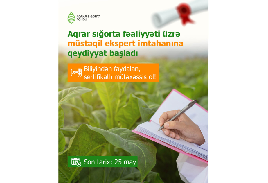 Aqrar Sığorta Fondu müstəqil ekspert sertifikatı almaq istəyən namizədlər üçün növbəti təlimlərə başlayır
