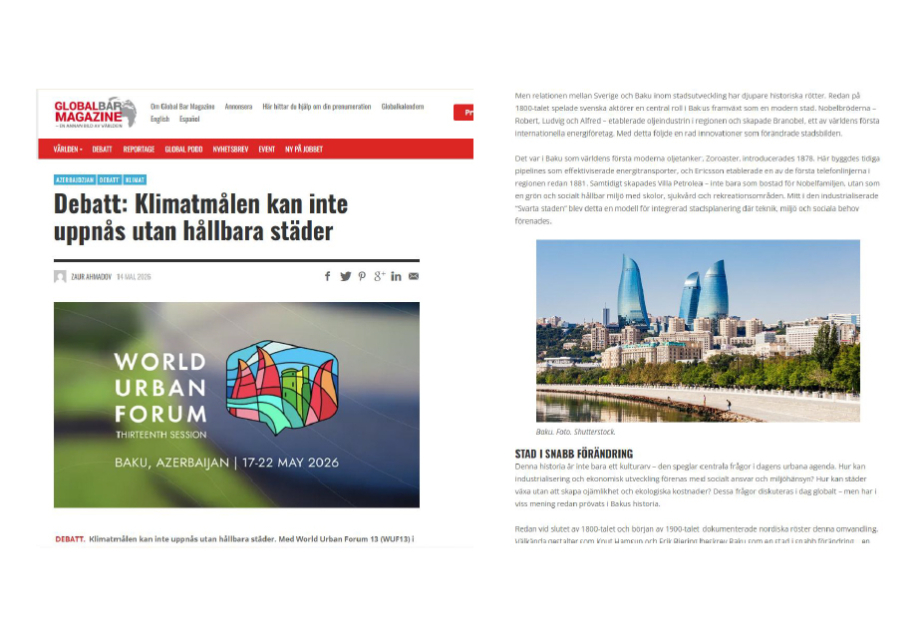 В шведском издании Global Bar Magazine вышла статья о предстоящем в Баку Всемирном форуме городов