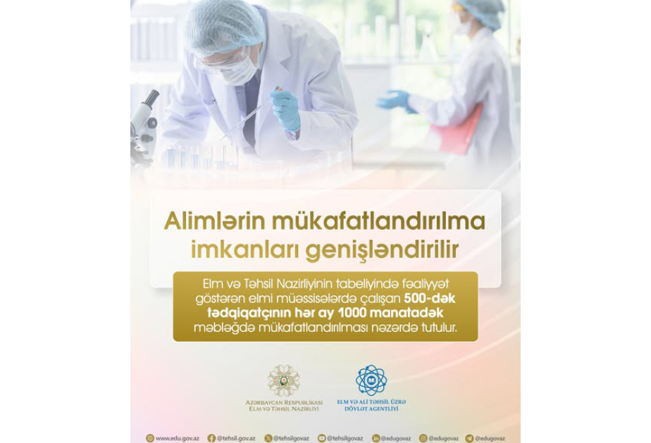 Hər ay maddi mükafat alan alimlərin sayı 500-ə qədər artırılır