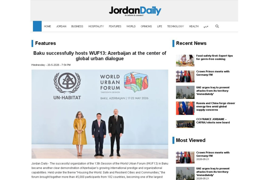 Jordanian media outlets highlights WUF13 held in Baku