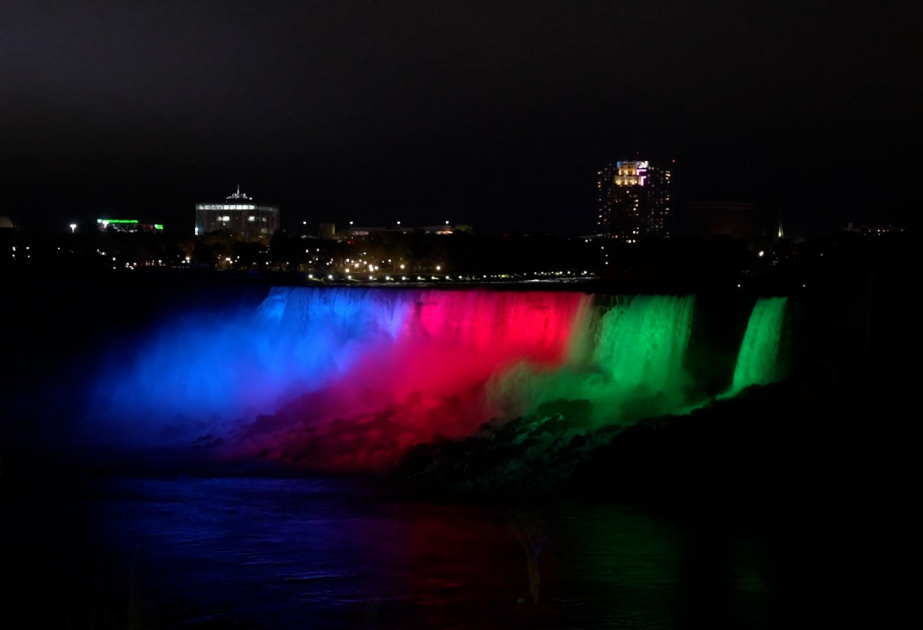 Niagara Falls lit up with colors of Azerbaijani Flag