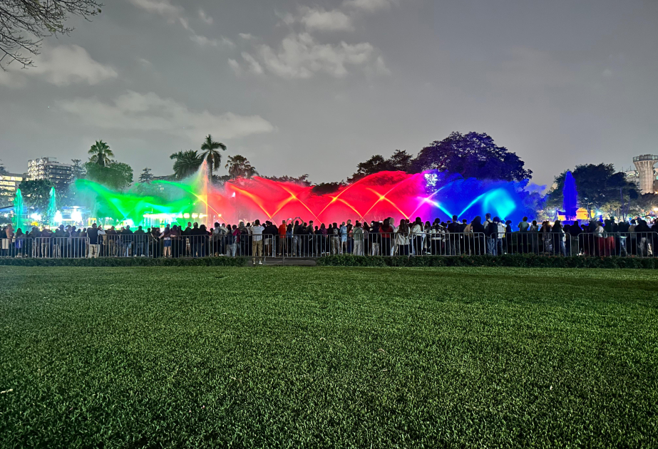 Musical fountains in capital of Peru illuminated in the colors of Flag of Azerbaijan