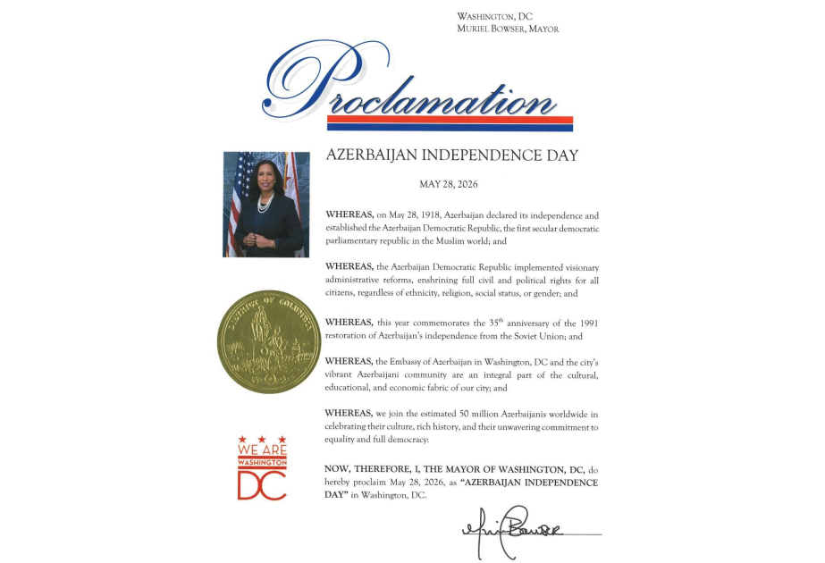 La Alcaldesa Muriel Bowser proclama el 28 de mayo como Día de la Independencia de Azerbaiyán en Washington D. C.