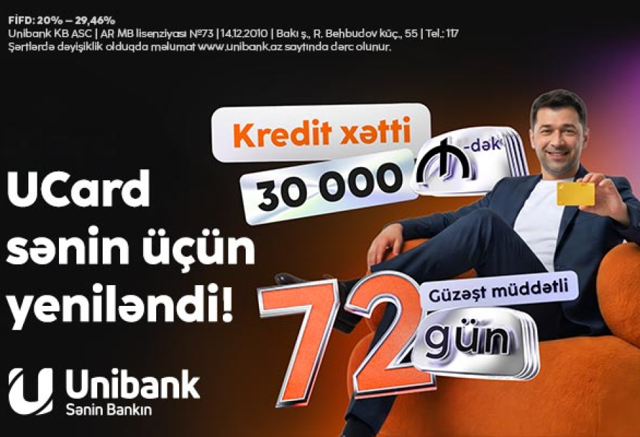 ® “Unibank” kredit kartını yeniləyib: Kredit xətti 30 min manat, güzəşt müddəti 72 gün!