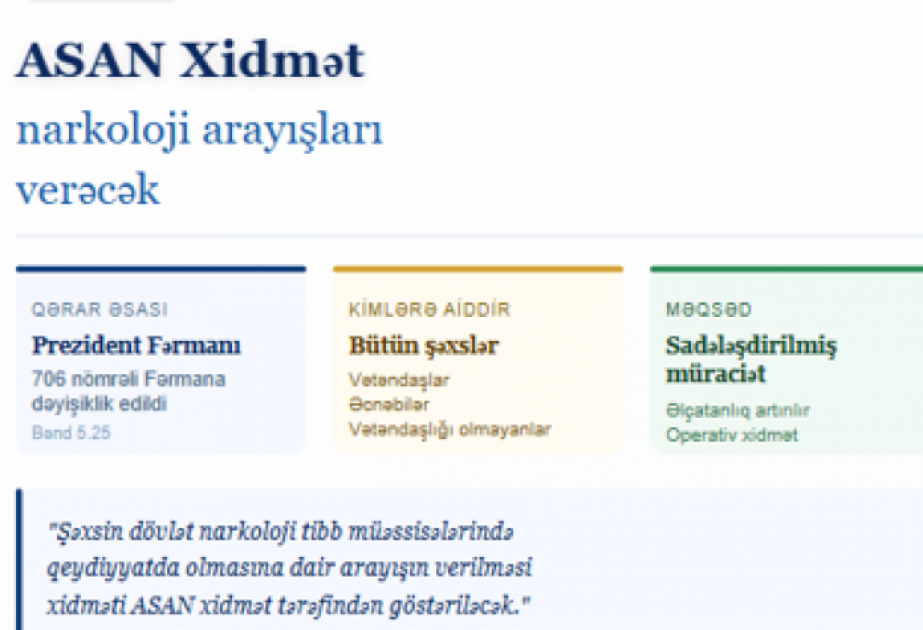 Narkoloji qeydiyyat barədə arayışı “ASAN xidmət” verəcək