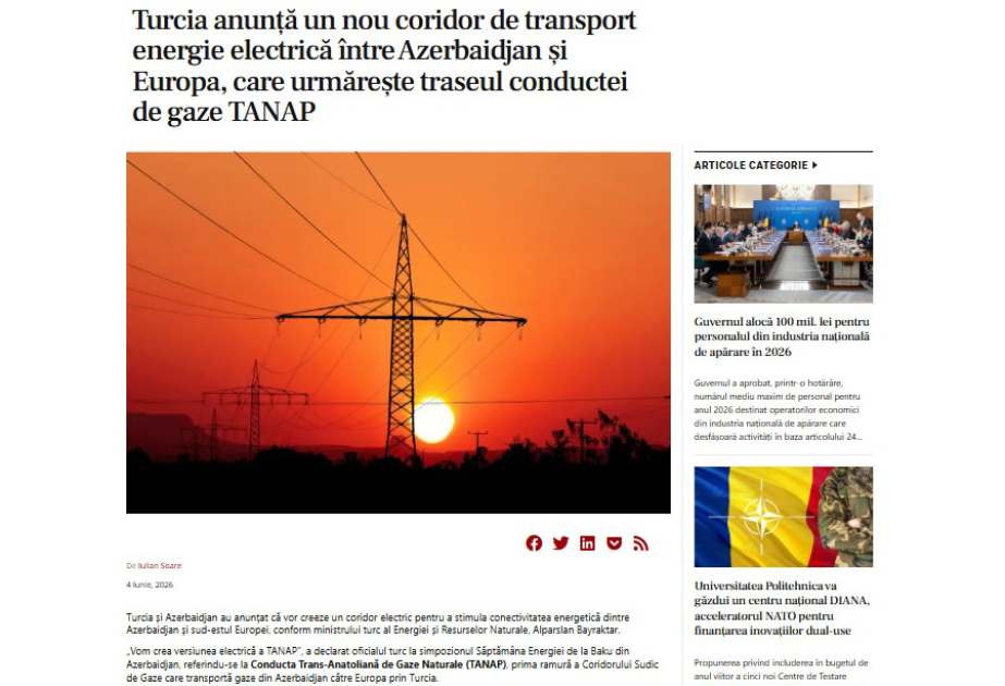 Romanian publication: Türkiye suggests developing an electricity corridor modelled after TANAP