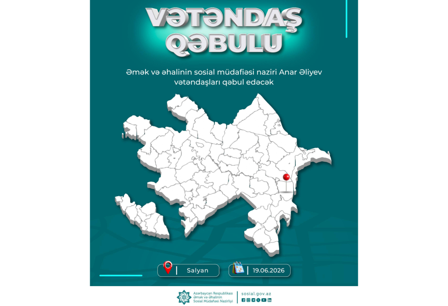 Əmək və əhalinin sosial müdafiəsi naziri Salyanda vətəndaşların müraciətlərini dinləyəcək