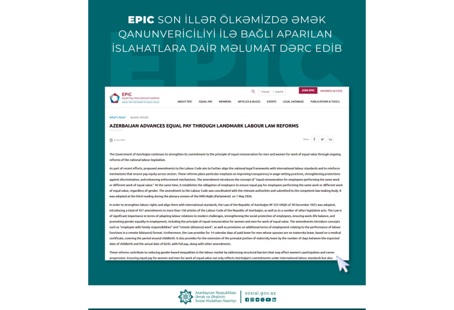 EPIC son illər Azərbaycanda əmək qanunvericiliyi ilə bağlı aparılan islahatlara dair məlumat dərc edib