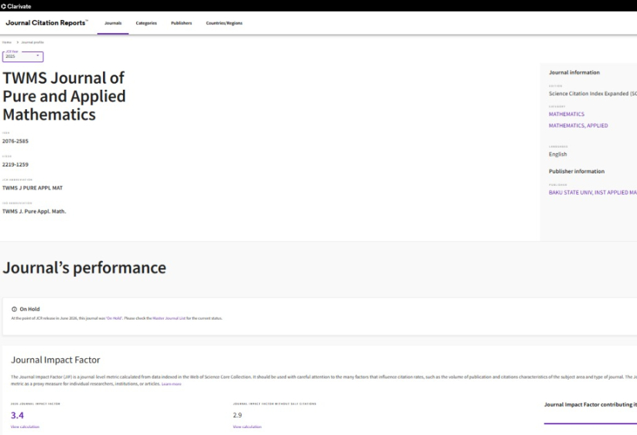 BDU-nun iki jurnalı “Web of Science Core Collection” bazasında ilk onluqda yer alıb