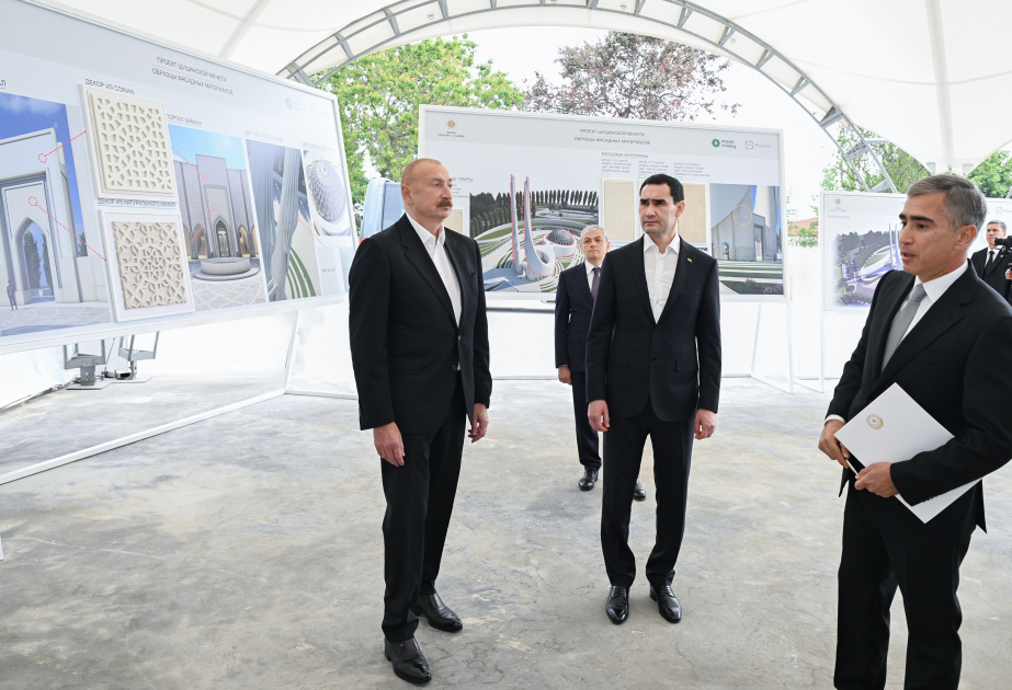 Presidents of Azerbaijan and Turkmenistan visit construction site of Shusha Mosque