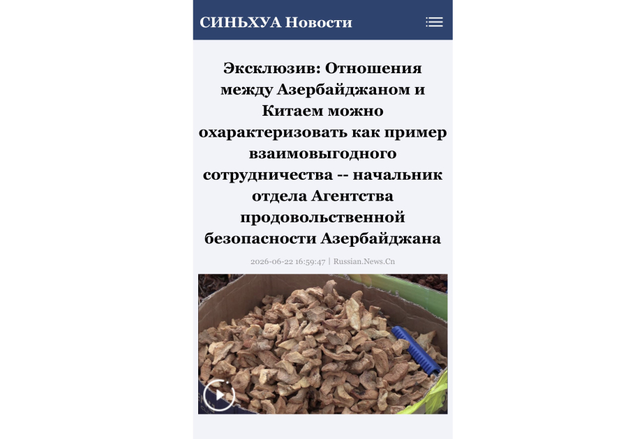 Sinxua: Azərbaycan və Çin ərzaq təhlükəsizliyi sahəsində əməkdaşlığı gücləndirirlər