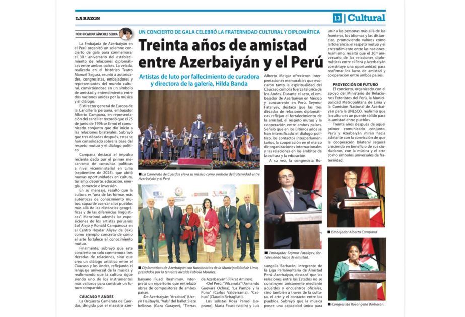 Peru mətbuatında Azərbaycanla diplomatik münasibətlərin 30 illiyinə həsr olunmuş məqalə yayımlanıb