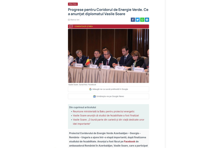 Azərbaycanın təşəbbüsü ilə irəli sürülən Yaşıl Enerji Dəhlizi layihəsində mühüm irəliləyiş əldə olunub
