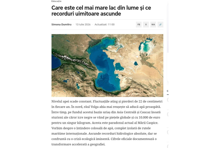 Rumıniya nəşri Xəzər dənizinin strateji əhəmiyyətindən yazıb