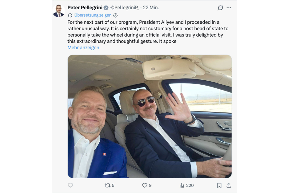 Slovakiya Prezidenti Prezident İlham Əliyevə qonaqpərvərliyə görə təşəkkür edib