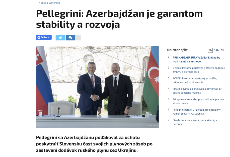 Slovakiya mediası Prezident Peter Pelleqrininin Azərbaycana rəsmi səfərini geniş işıqlandırıb