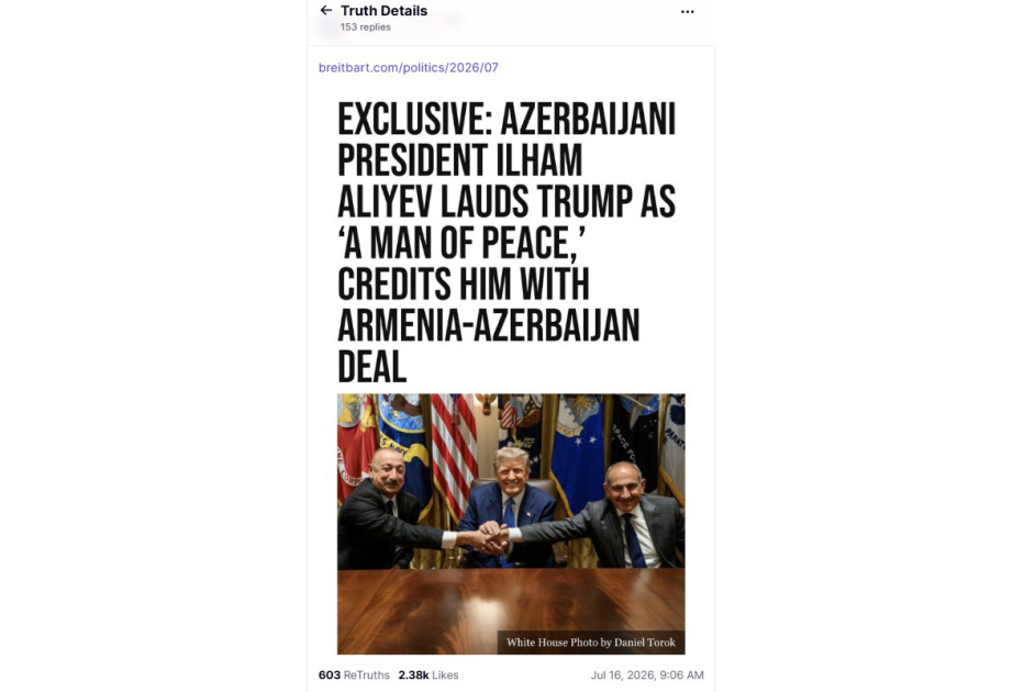 Donald Tramp Azərbaycan Prezidentinin fikirlərinin yer aldığı məqaləni paylaşıb