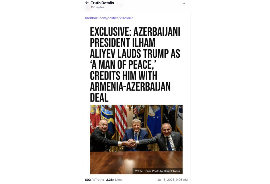 U.S. President Donald Trump shares article featuring President Ilham Aliyev’s remarks