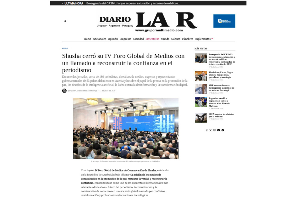 La prensa uruguaya escribe sobre el Foro Global de Medios de Comunicación de Shusha
