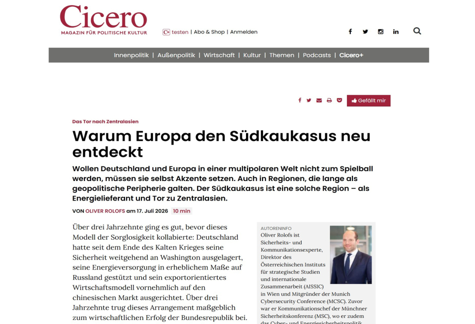 Немецкий журнал Cicero: Европа заново открывает для себя Южный Кавказ как стратегические ворота в Центральную Азию