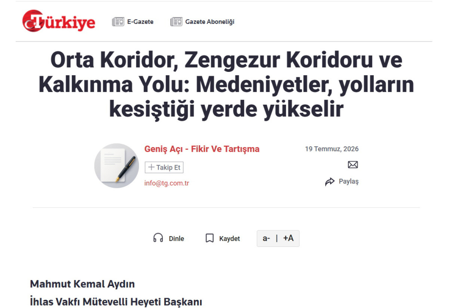 “Türkiye” qəzeti: Orta Dəhliz çoxtərəfli əməkdaşlığın təzahürüdür