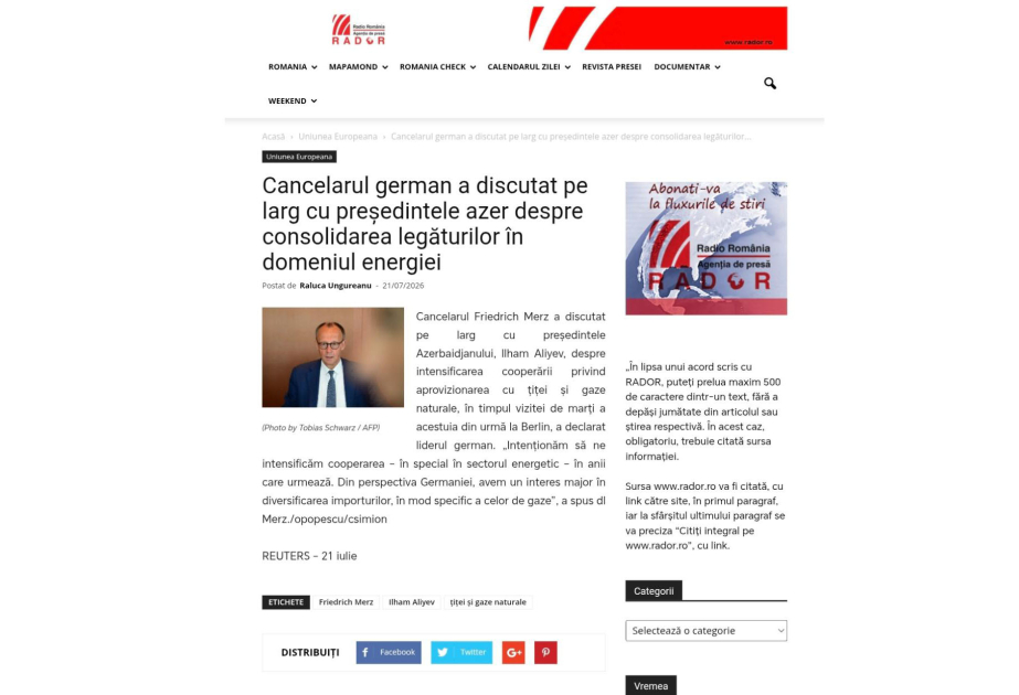 Rumıniya Radiosu: Almaniya Azərbaycanla enerji əməkdaşlığını genişləndirmək niyyətindədir