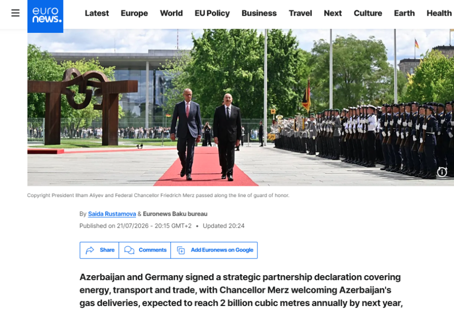 “Euronews” Prezident İlham Əliyevin Almaniya səfərini geniş işıqlandırıb